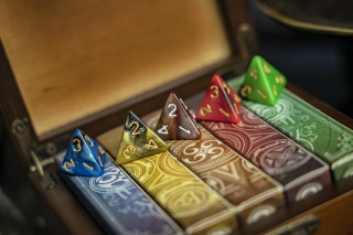 Wooden Card Box For Playing Cards And Set Of Five Dices